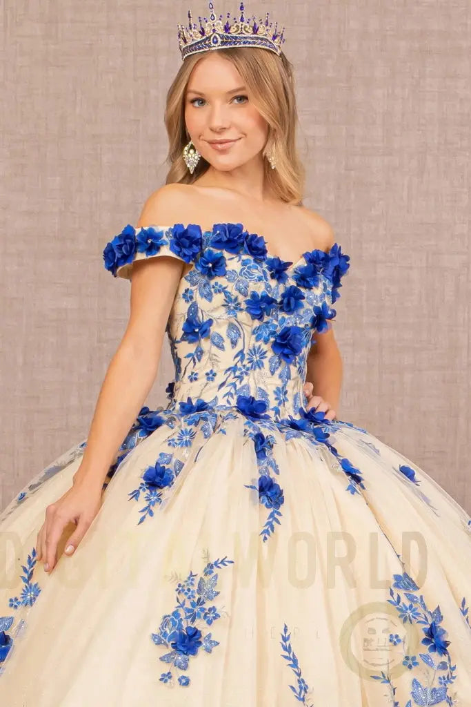 3-D Flower Embroidery Off Shoulder Mesh Quinceanera Gown-3