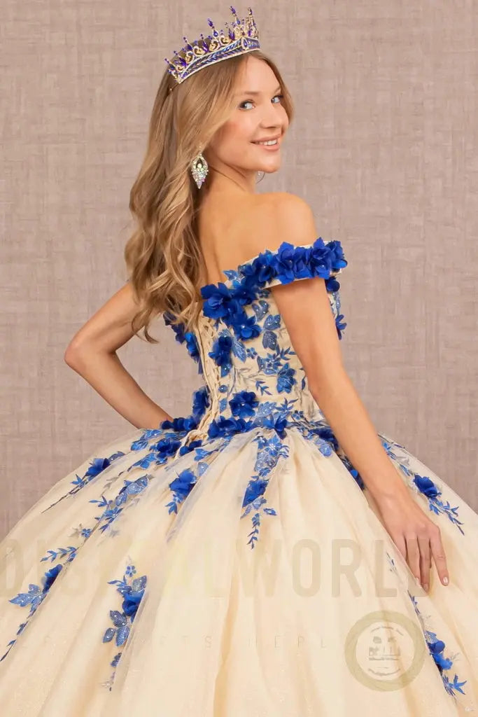 3-D Flower Embroidery Off Shoulder Mesh Quinceanera Gown-4