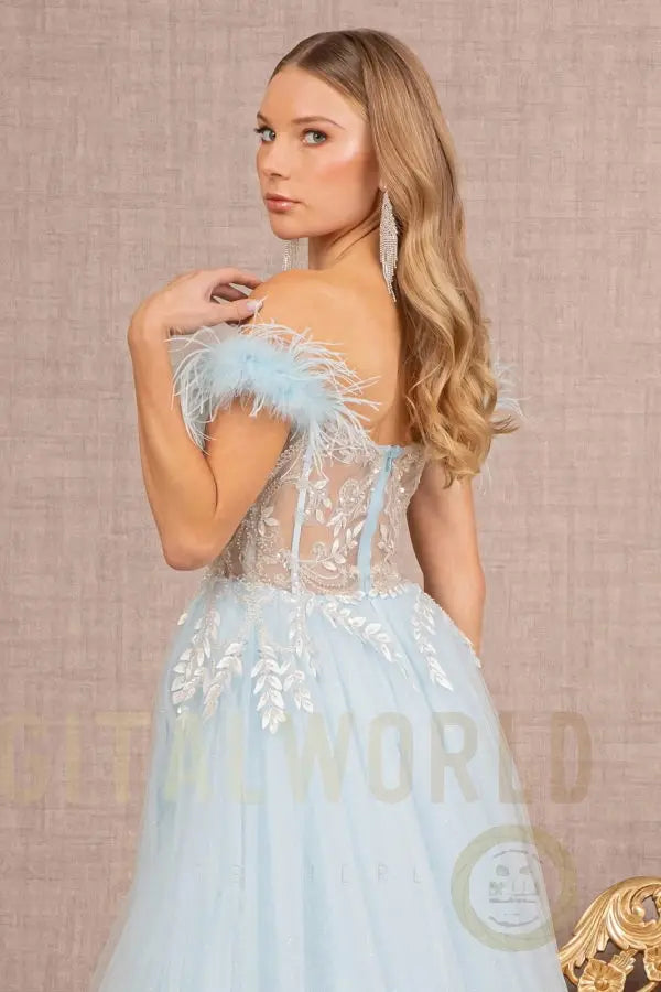 Feather Straps Sheer Bodice Glitter Sequin Mesh A-line Dress-3