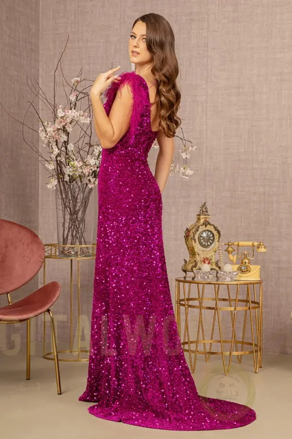 Asymmetric Sleeveless Feather Sequin Velvet Mermaid Dress-2