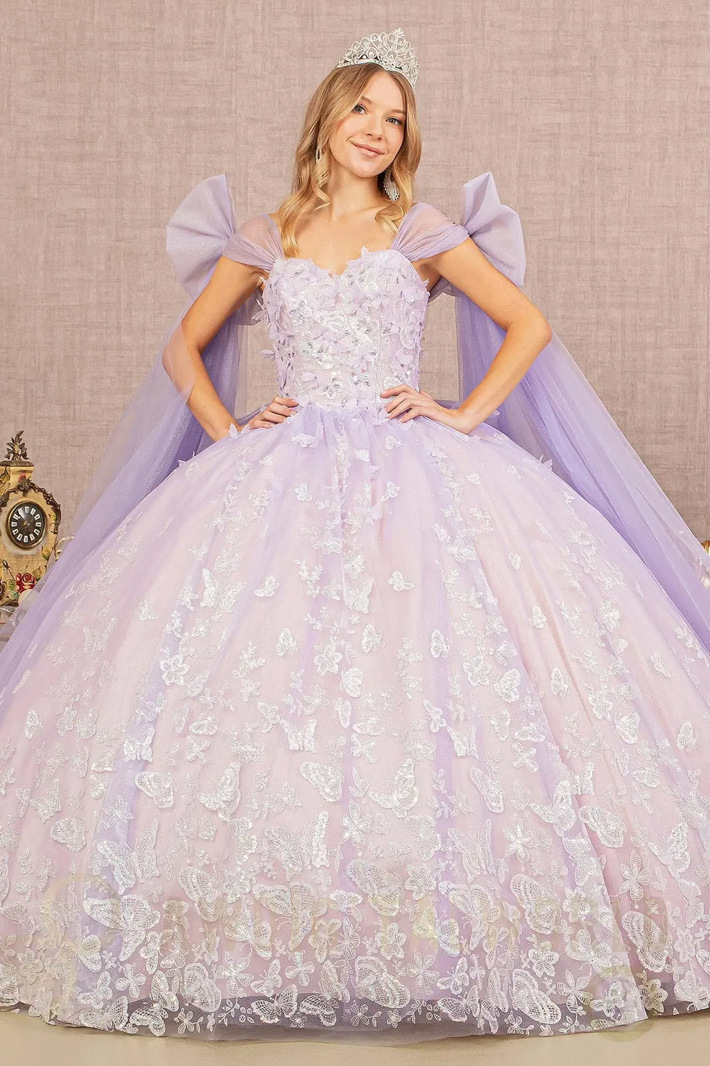 Jewel Glitter Quinceanera Gown w/ Long Mesh Layer and Ribbons-0