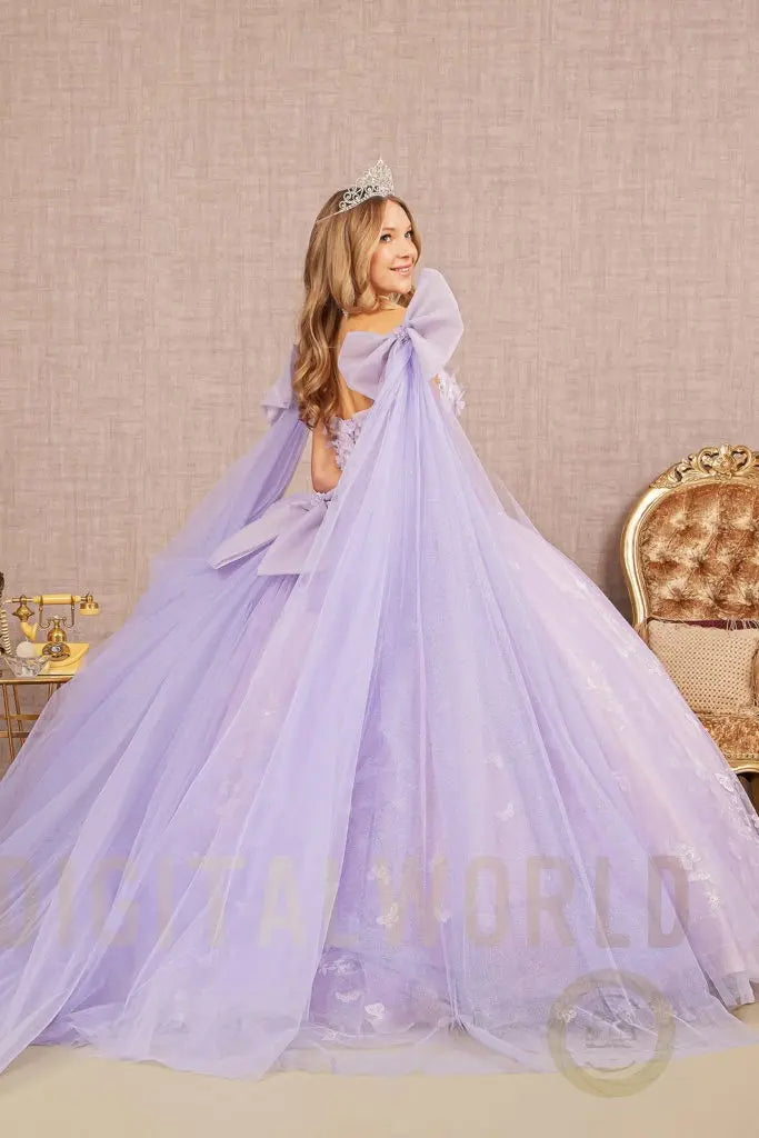 Jewel Glitter Quinceanera Gown w/ Long Mesh Layer and Ribbons-1