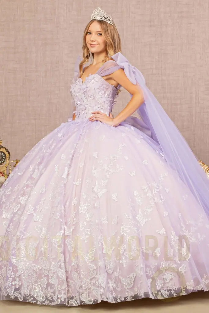 Jewel Glitter Quinceanera Gown w/ Long Mesh Layer and Ribbons-2