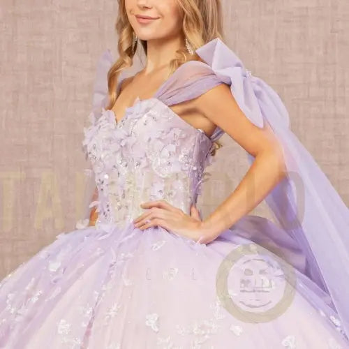 Jewel Glitter Quinceanera Gown w/ Long Mesh Layer and Ribbons-3