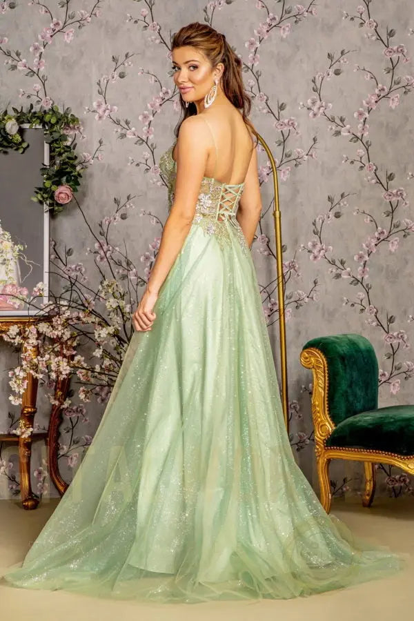 3-D Flower Jewel Sheer Corset Bodice Mesh A-line Long Dress-0