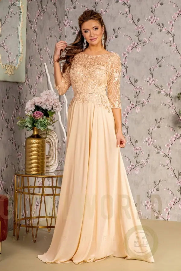 Metallic Sequin Sheer Neckline Chiffon A-line Long Dress-4