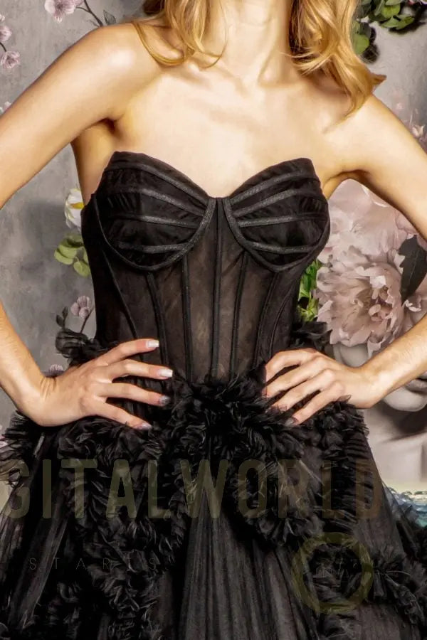 Strapless Sheer Bodice Ruffled Skirt Mesh A-line Long Dress Tux-USA