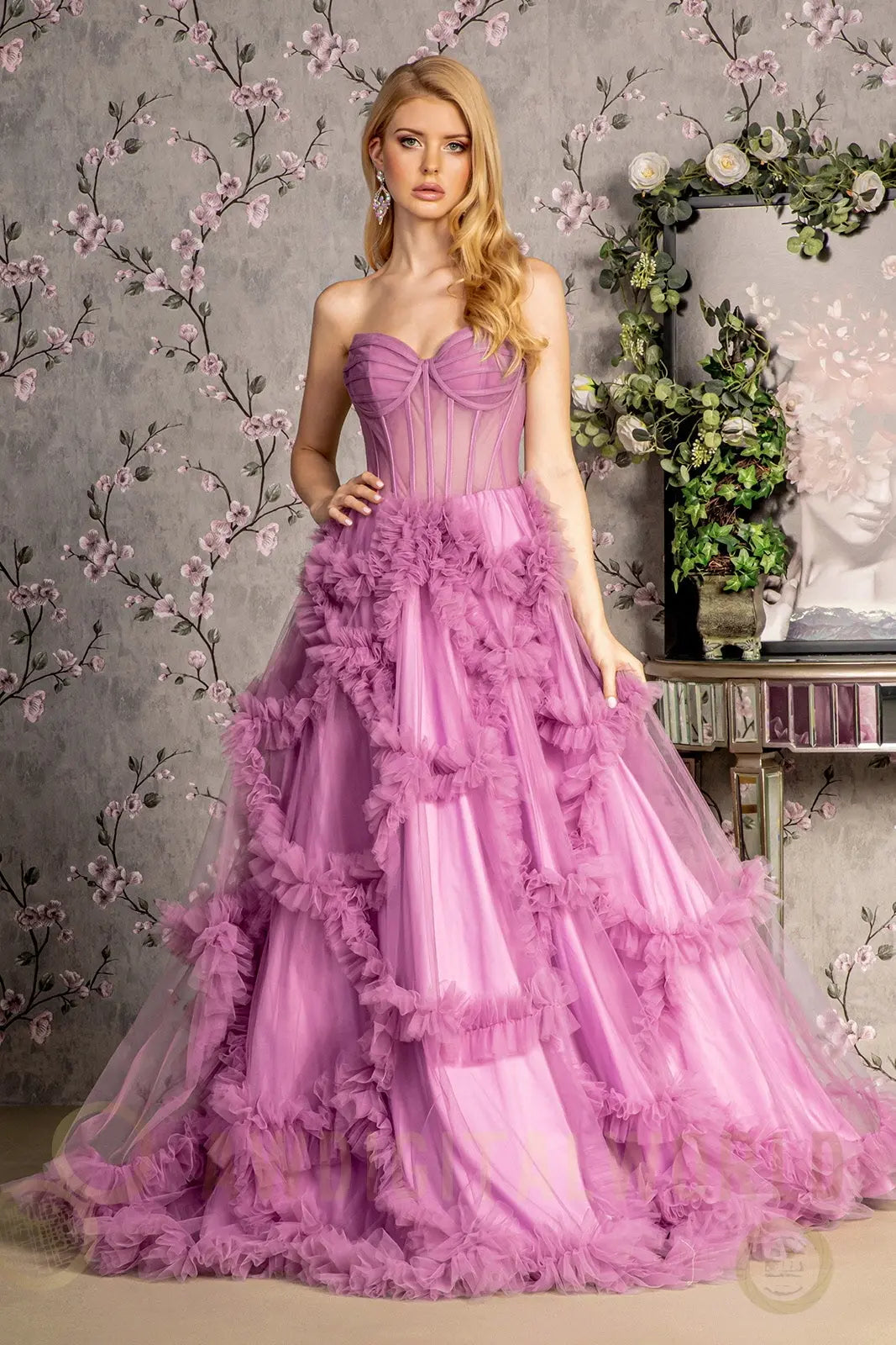 Strapless Sheer Bodice Ruffled Skirt Mesh A-line Long Dress Tux-USA