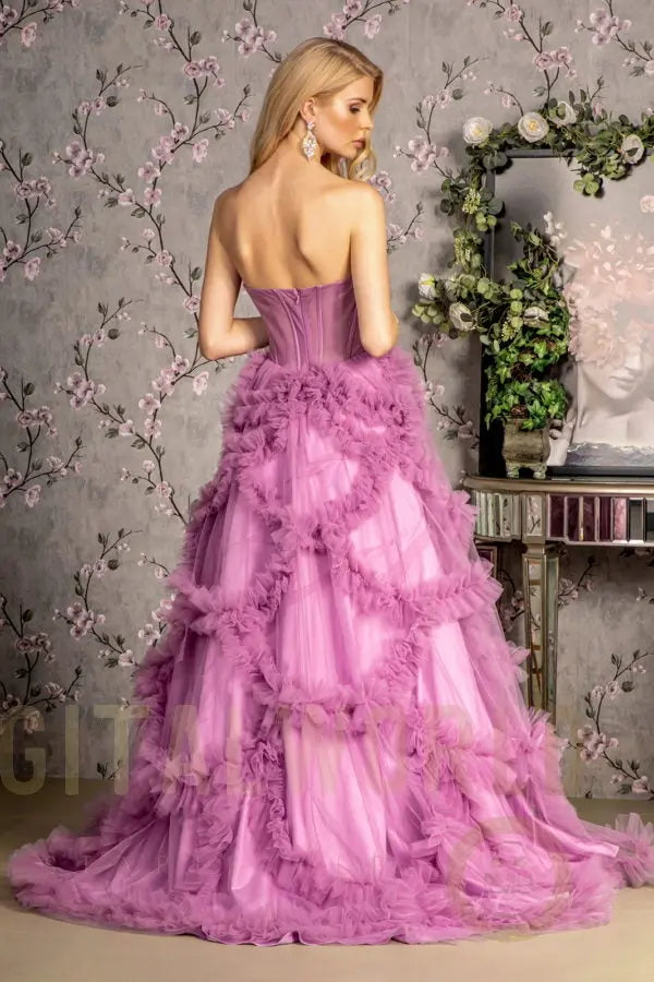 Strapless Sheer Bodice Ruffled Skirt Mesh A-line Long Dress Tux-USA