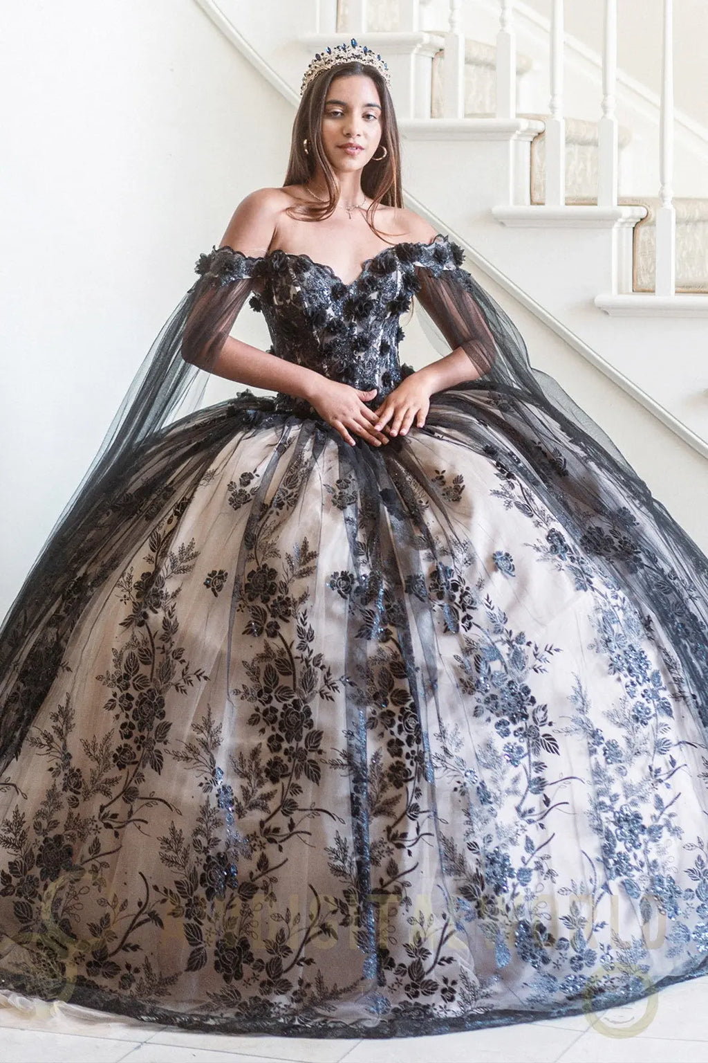 3-D Floral Applique Glitter Pattern Embellished Mesh Quinceanera Gown-0