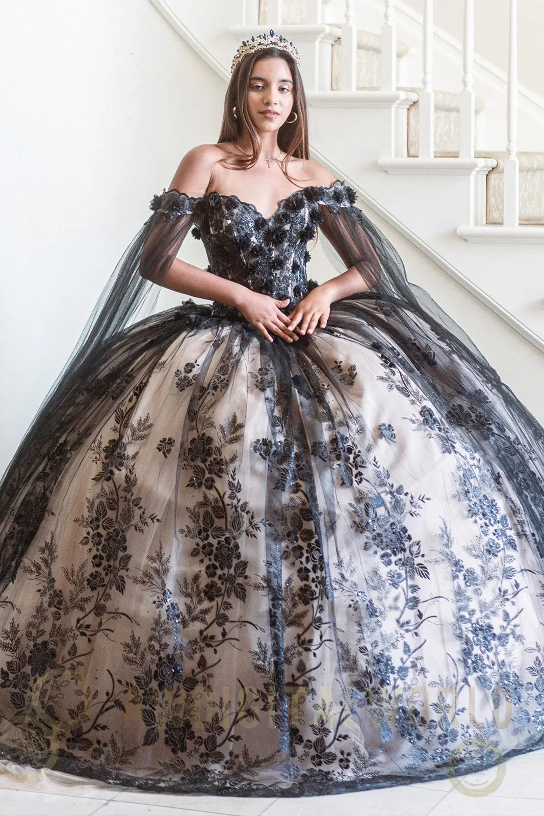 3-D Floral Applique Glitter Pattern Embellished Mesh Quinceanera Gown-0
