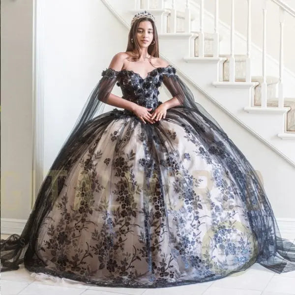 3-D Floral Applique Glitter Pattern Embellished Mesh Quinceanera Gown-2