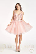 Sequin Floral Applique V-Back Glitter Mesh Homecoming Dress w/ Sweetheart Neckline-0