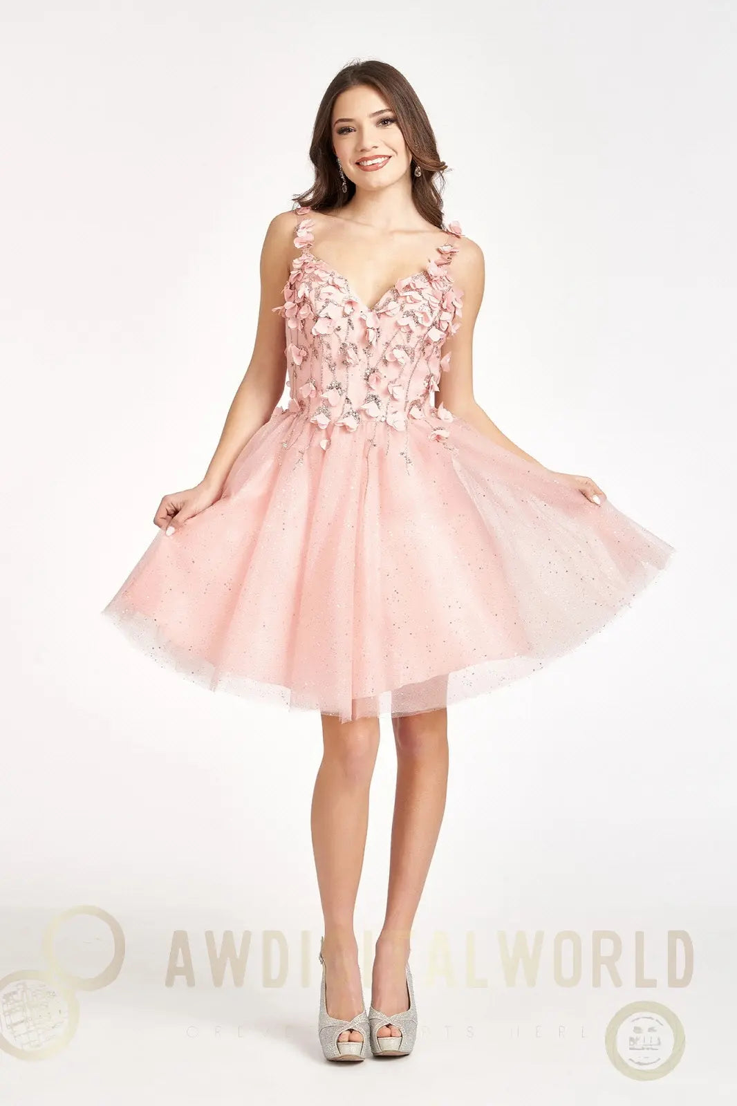 Sequin Floral Applique V-Back Glitter Mesh Homecoming Dress w/ Sweetheart Neckline-0
