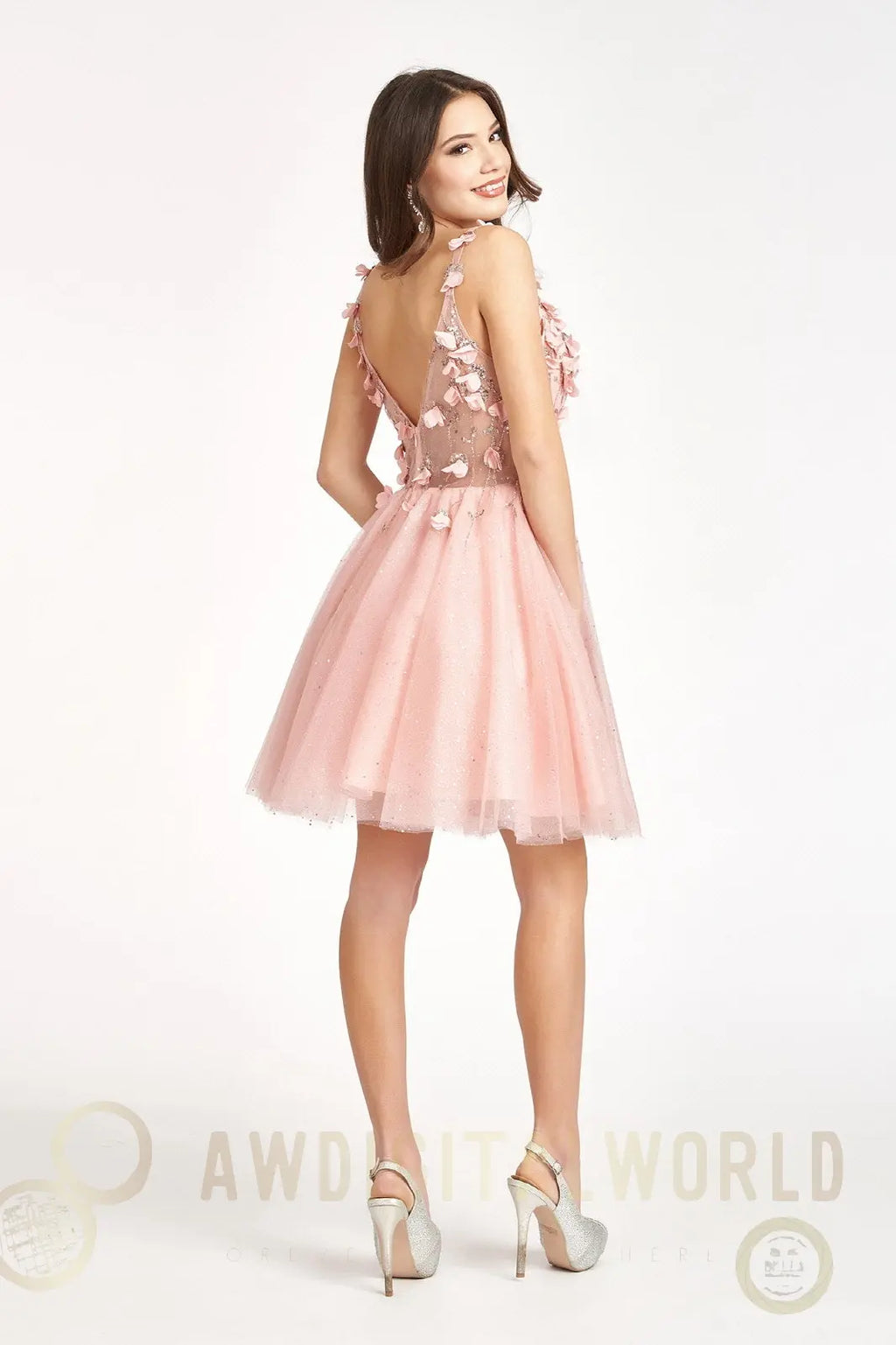 Sequin Floral Applique V-Back Glitter Mesh Homecoming Dress w/ Sweetheart Neckline-1