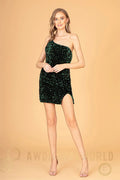 Asymmetric Velvet Bodycon Short Dress w/ Sequin-0