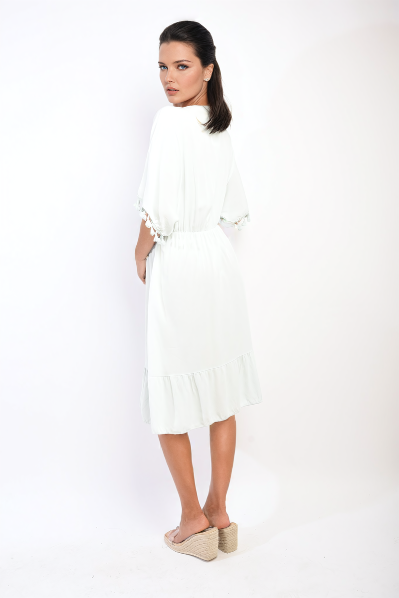 V-Neck Short Sleeve Midi Dress with Tassel Detail Moda