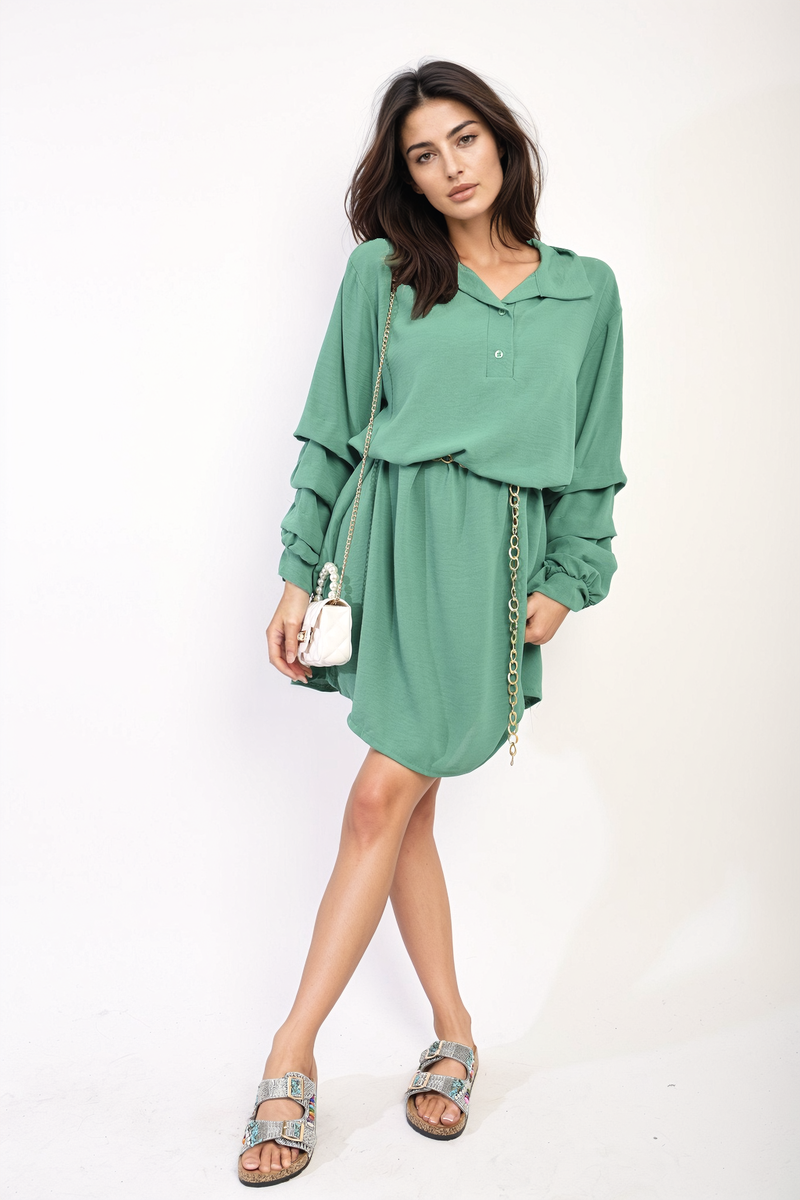 Ruffle Sleeve Pocket Button Front Blouse Dress Moda