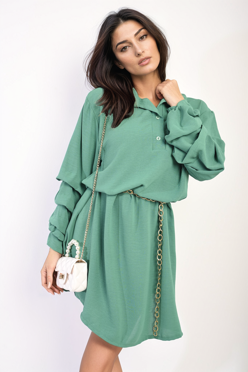 Ruffle Sleeve Pocket Button Front Blouse Dress Moda