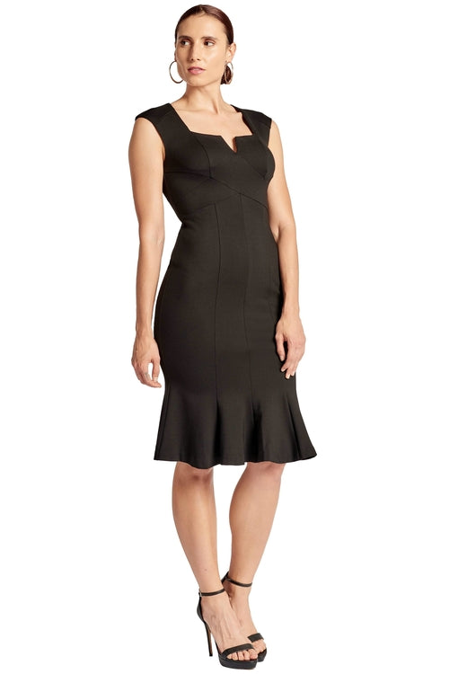 Ivy Dress - Sleeveless seamed stretch Ponte midi mermaid hem dress Peach Dionysus