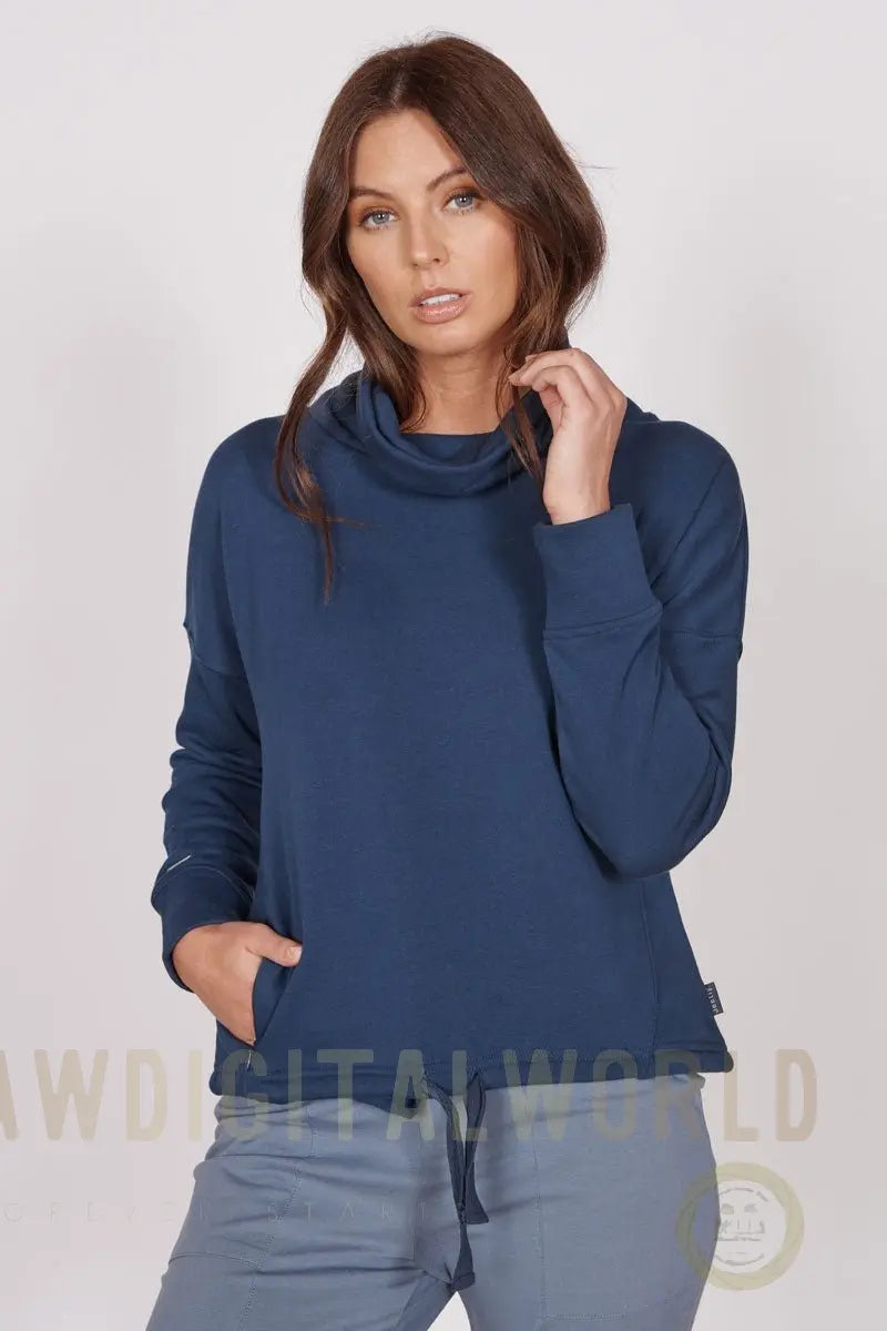 Evelyn Navy Cowl Neck Pullover Top Jeetly.com