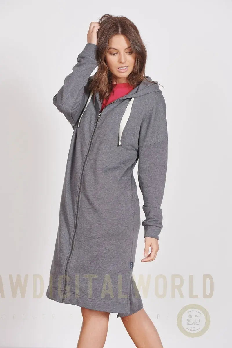 Lottie Grey Marl Loungewear Longline Zip Through Hooded Sweater Jeetly.com