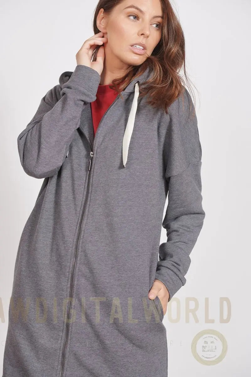 Lottie Grey Marl Loungewear Longline Zip Through Hooded Sweater Jeetly.com