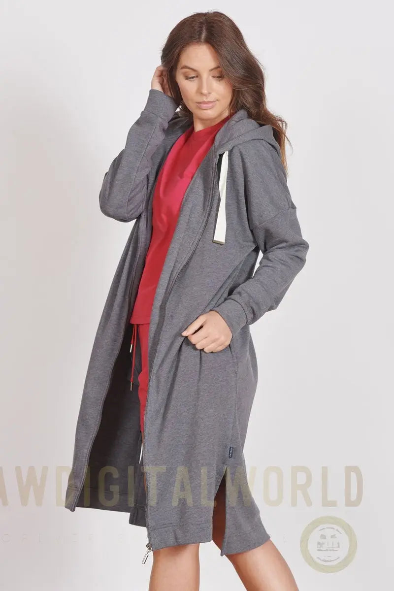 Lottie Grey Marl Loungewear Longline Zip Through Hooded Sweater Jeetly.com