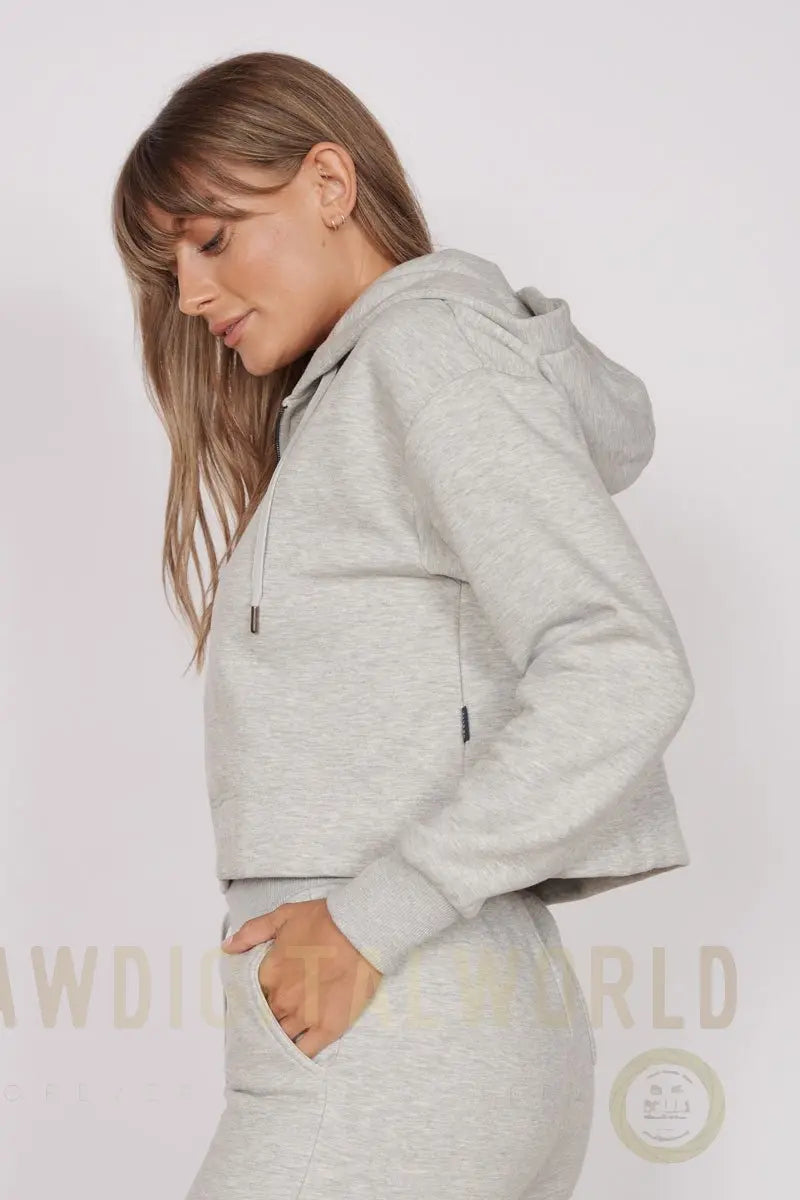 Rosa Light Grey Zip Through Cropped Hoodie Jeetly.com