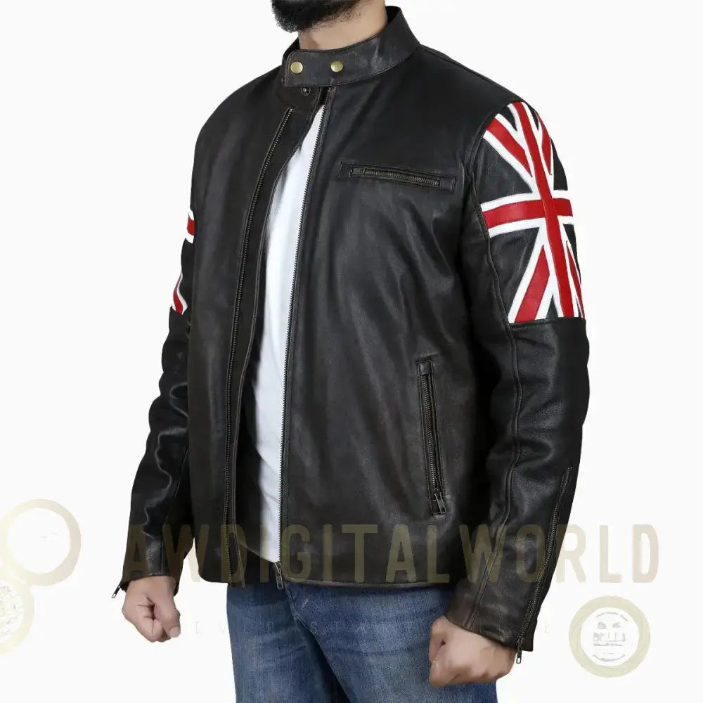Mens Brown Leather Jacket with UK Flag Appliqué Riders Republic UK
