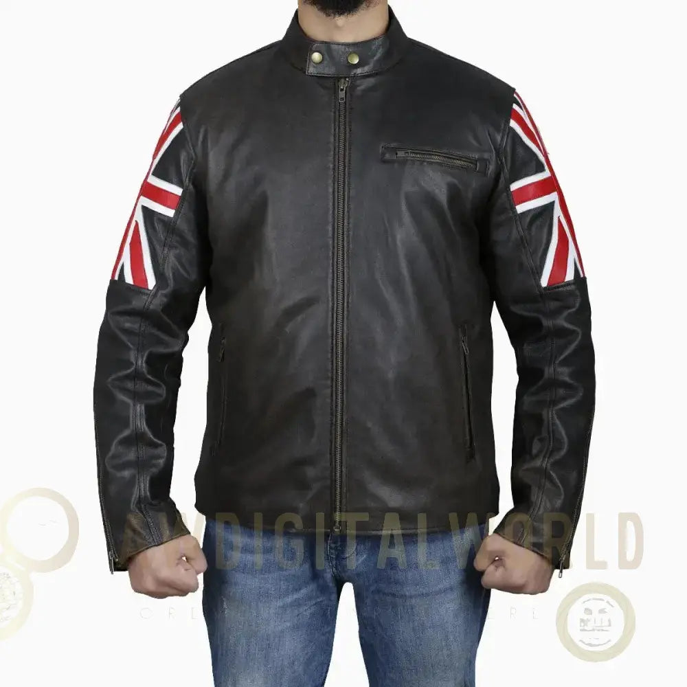 Mens Brown Leather Jacket with UK Flag Appliqué Riders Republic UK