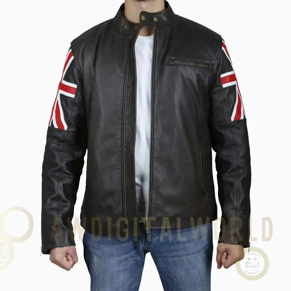 Mens Brown Leather Jacket with UK Flag Appliqué Riders Republic UK