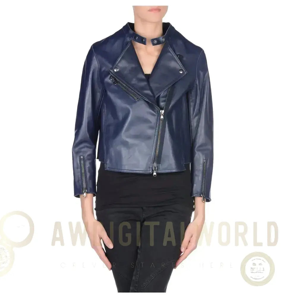 Women's Navy Blue Leather Biker Jacket Riders Republic UK