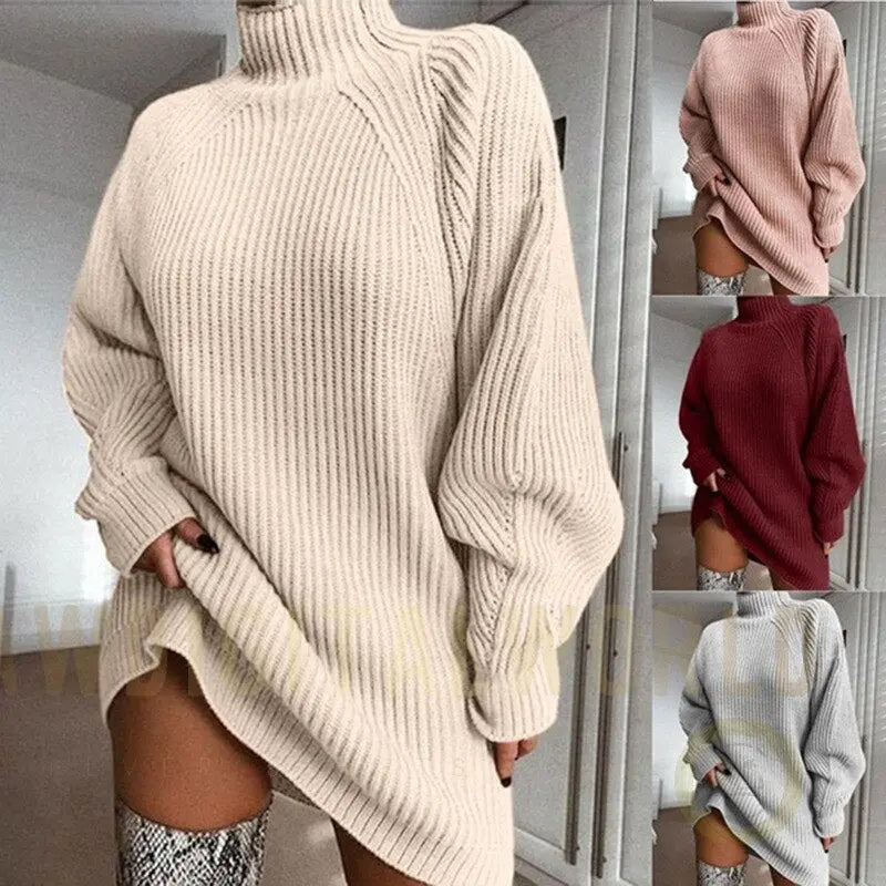 Turtleneck Long Sleeve Sweater Dress Women Autumn Winter Loose Tunic Knitted Casual Pink Gray Clothes Solid Dresses Vimost Shop
