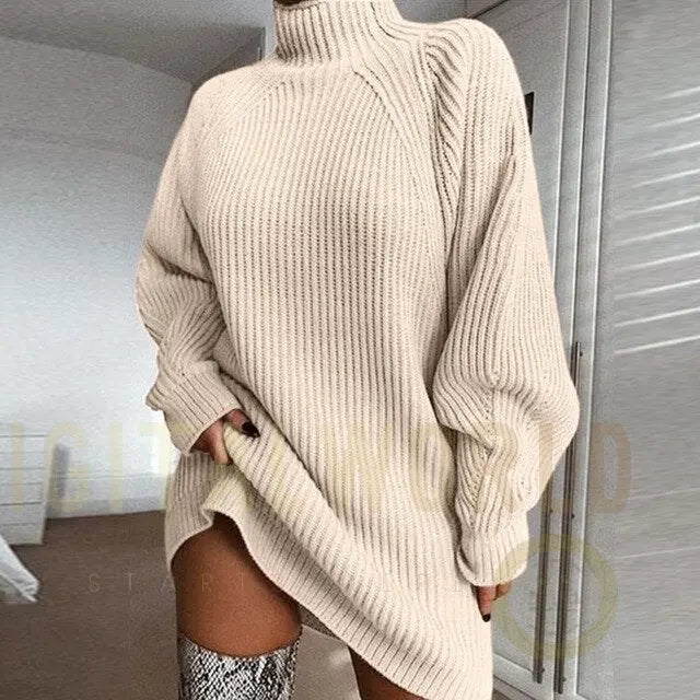 Turtleneck Long Sleeve Sweater Dress Women Autumn Winter Loose Tunic Knitted Casual Pink Gray Clothes Solid Dresses Vimost Shop