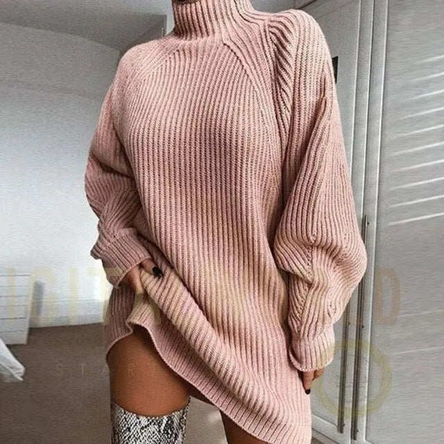 Turtleneck Long Sleeve Sweater Dress Women Autumn Winter Loose Tunic Knitted Casual Pink Gray Clothes Solid Dresses Vimost Shop