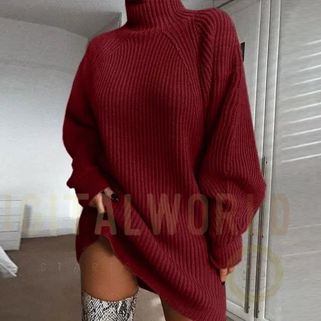 Turtleneck Long Sleeve Sweater Dress Women Autumn Winter Loose Tunic Knitted Casual Pink Gray Clothes Solid Dresses Vimost Shop