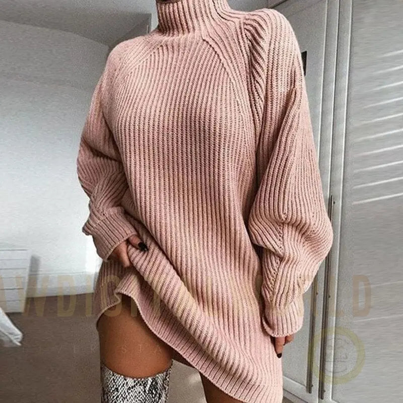 Turtleneck Long Sleeve Sweater Dress Women Autumn Winter Loose Tunic Knitted Casual Pink Gray Clothes Solid Dresses Vimost Shop