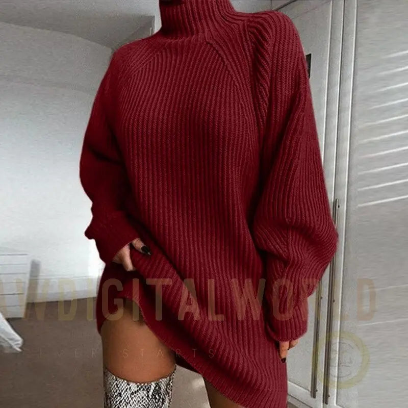 Turtleneck Long Sleeve Sweater Dress Women Autumn Winter Loose Tunic Knitted Casual Pink Gray Clothes Solid Dresses Vimost Shop