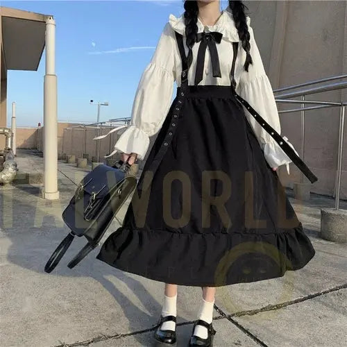 Vintage Women Gothic Punk Lolita Dress Casual High Waist Long Sleeve Yellow Angel