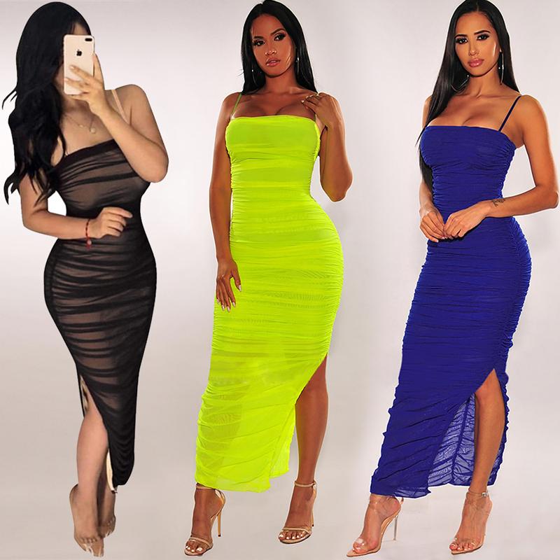 Fashion New Pleated Bodycon Slit Dress Sexy Summer high quality Jade