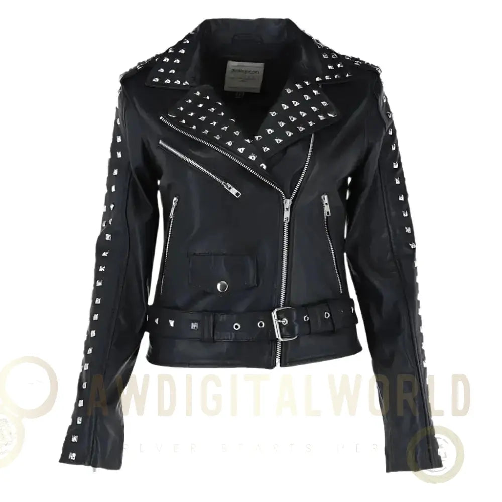 Womens Black Studded Leather Biker Jacket Riders Republic UK