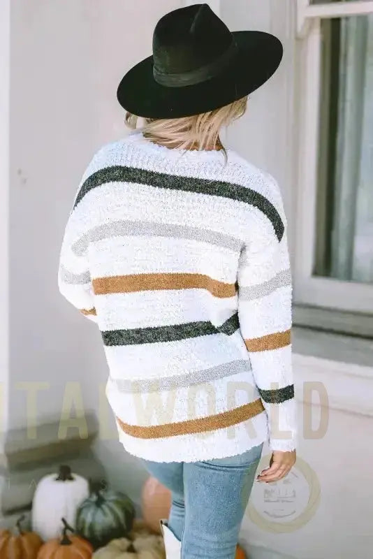Striped Popcorn Knit Sweater Fashionfitz