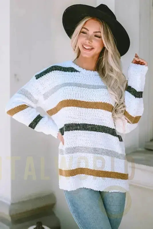 Striped Popcorn Knit Sweater Fashionfitz