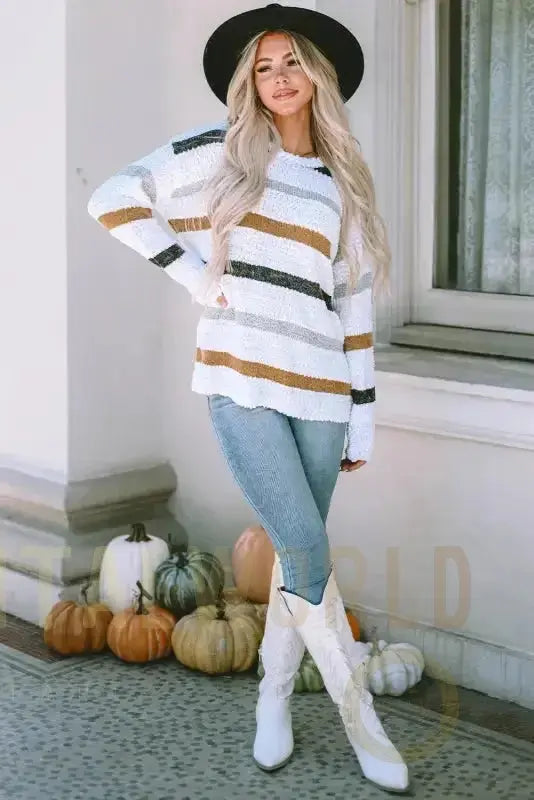 Striped Popcorn Knit Sweater Fashionfitz
