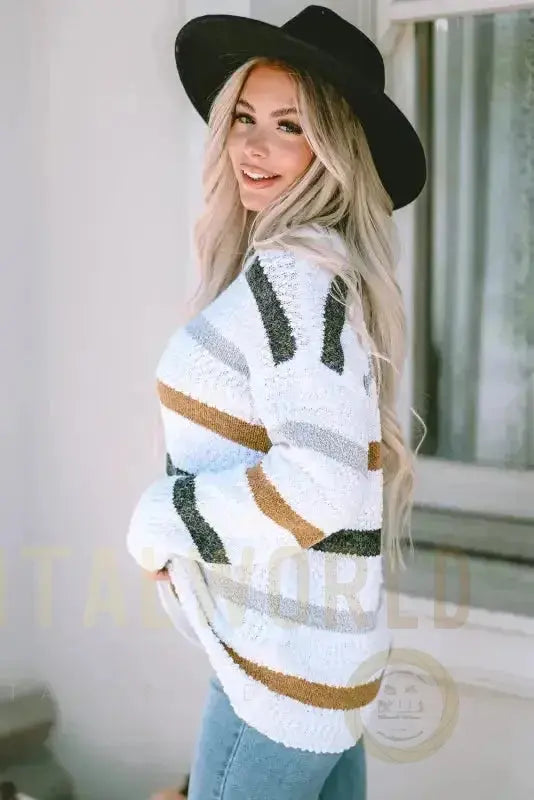 Striped Popcorn Knit Sweater Fashionfitz