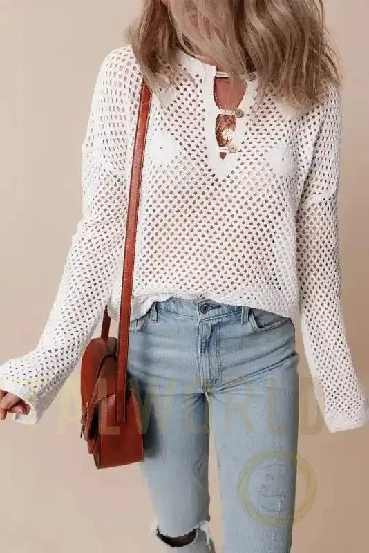 White Open Knit Sweater Fashionfitz