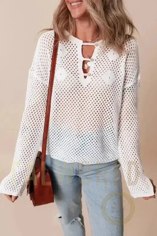 White Open Knit Sweater Fashionfitz