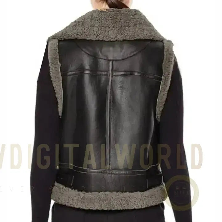 Women’s Black Leather B3 Aviator Sheepskin Shearling Vest Riders Republic UK