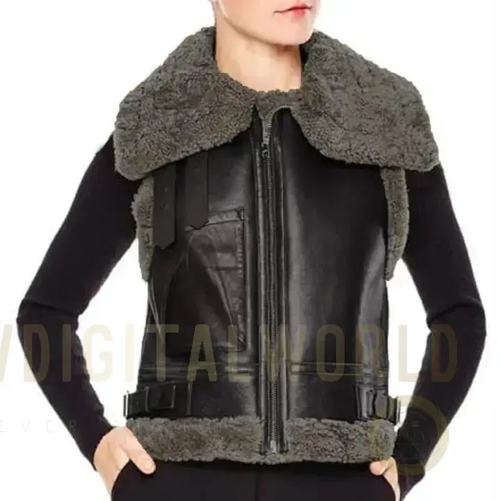 Women’s Black Leather B3 Aviator Sheepskin Shearling Vest Riders Republic UK